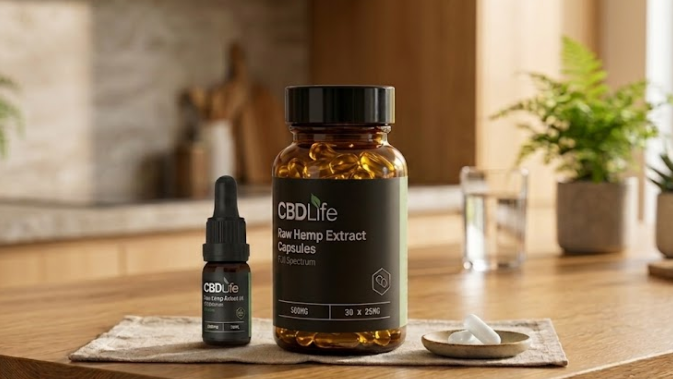 CBDLife CBD oil and Raw Hemp Extract Capsules lifestyle shot