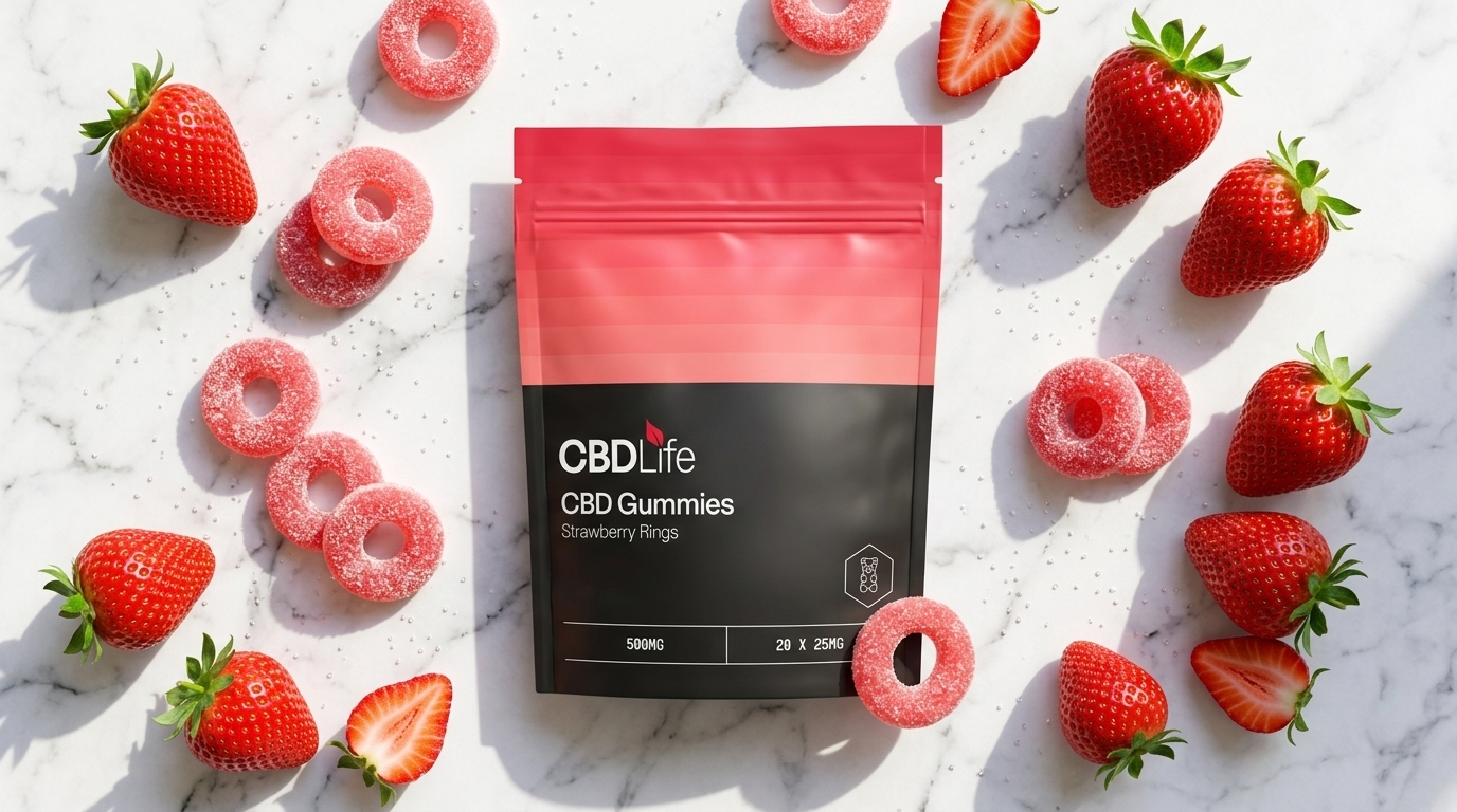 CBDLife CBD Gummies Strawberry Rings surrounded by fresh strawberries